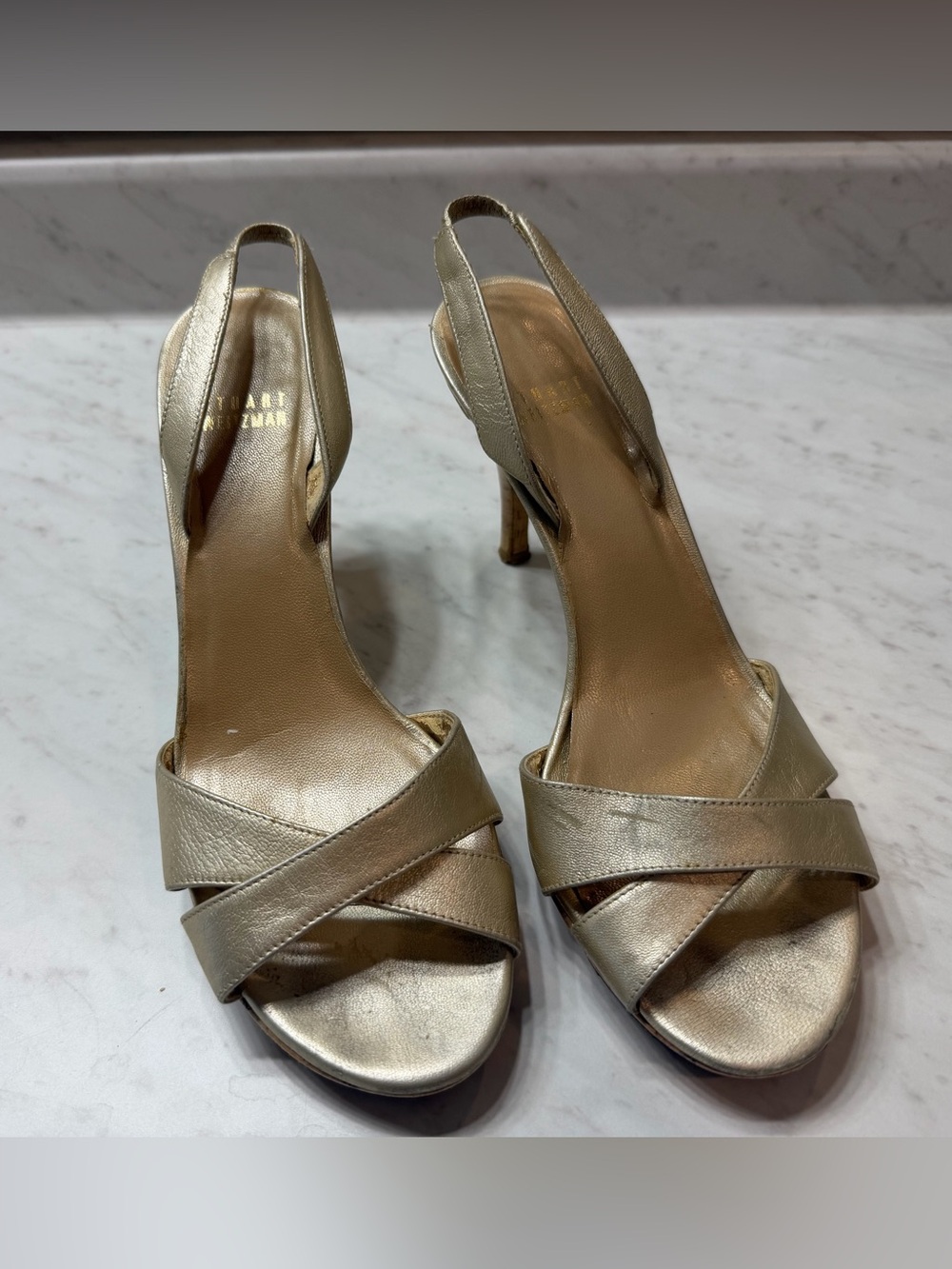 Stuart Weitzman Gold Metallic Leather Cork Platform Slingback Heels Size 7 Y2k